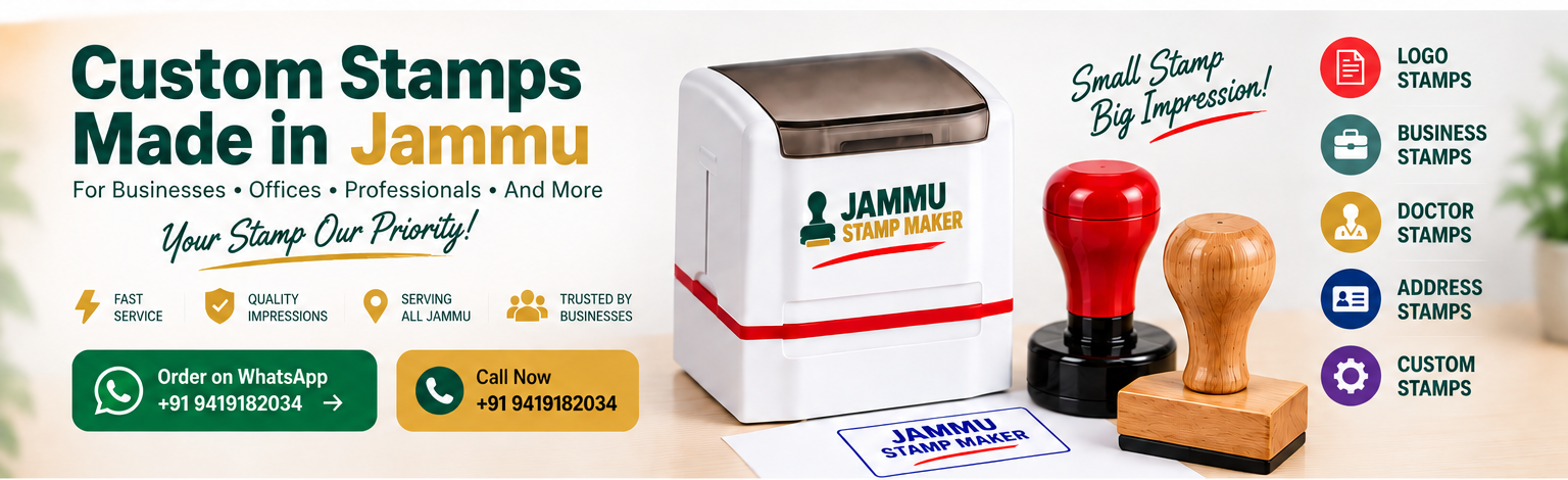 Jammu Stamp Maker - custom stamps, logo stamps, self-inking stamps, round stamps, address stamps, doctor stamps, pocket stamps and business stamps in Jammu